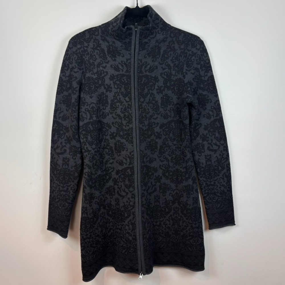SKYR Black Floral Full Zip Long Tunic Cardigan Sweater Womens Small Fall Outdoor